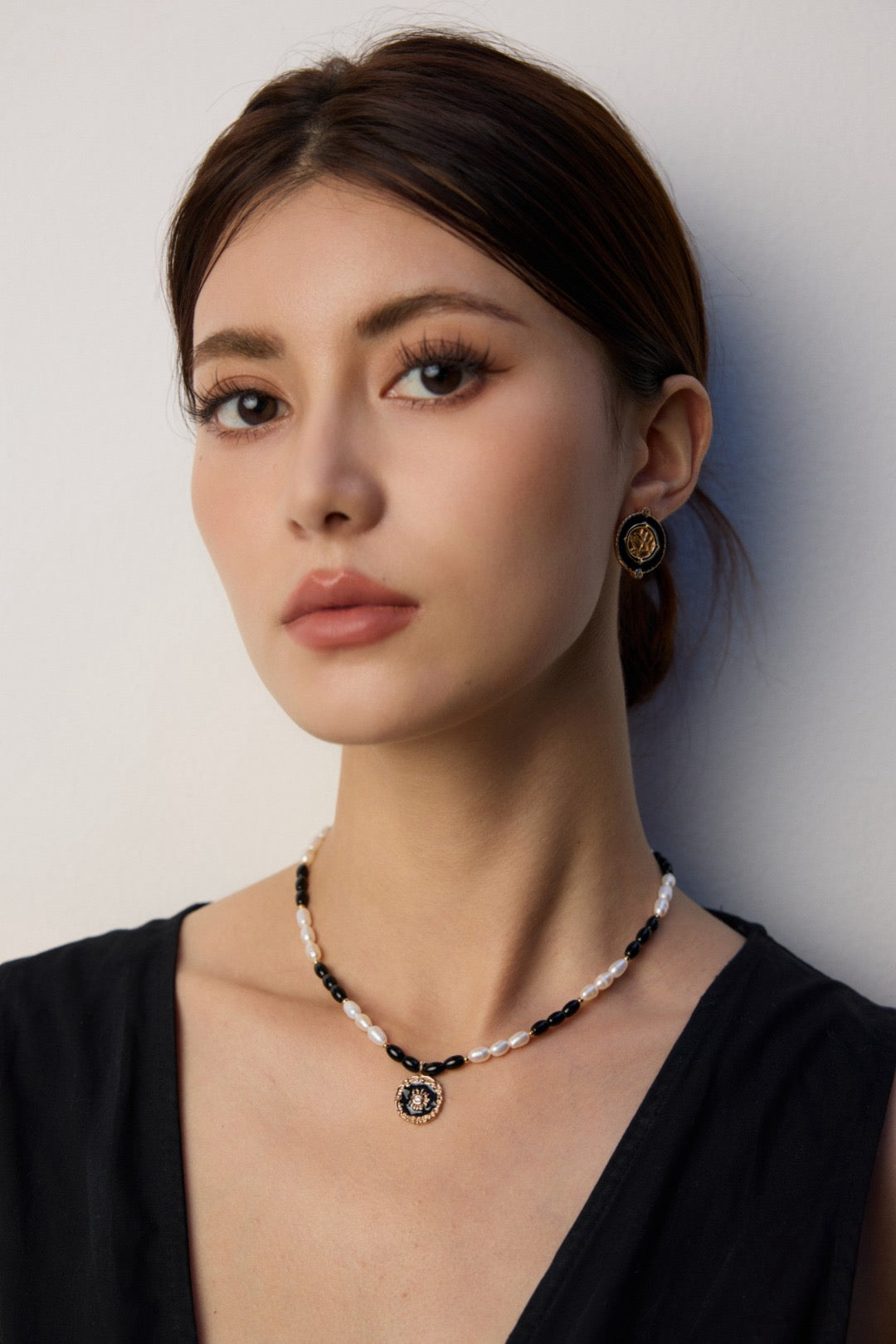 Black Onyx Pearl Statement Necklace with Gold Medallion Pendant