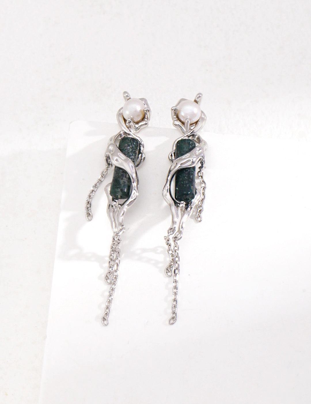 Green Moss Agate Pearl Earrings| Silver Finish Earrings