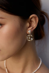 Celestia Pearl Orbit Earrings with 7mm freshwater pearl and zircon star crescent - Lia Atelier