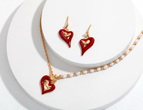 Gold Chain Pearl Beaded Necklace with Red Enamel Heart Charm