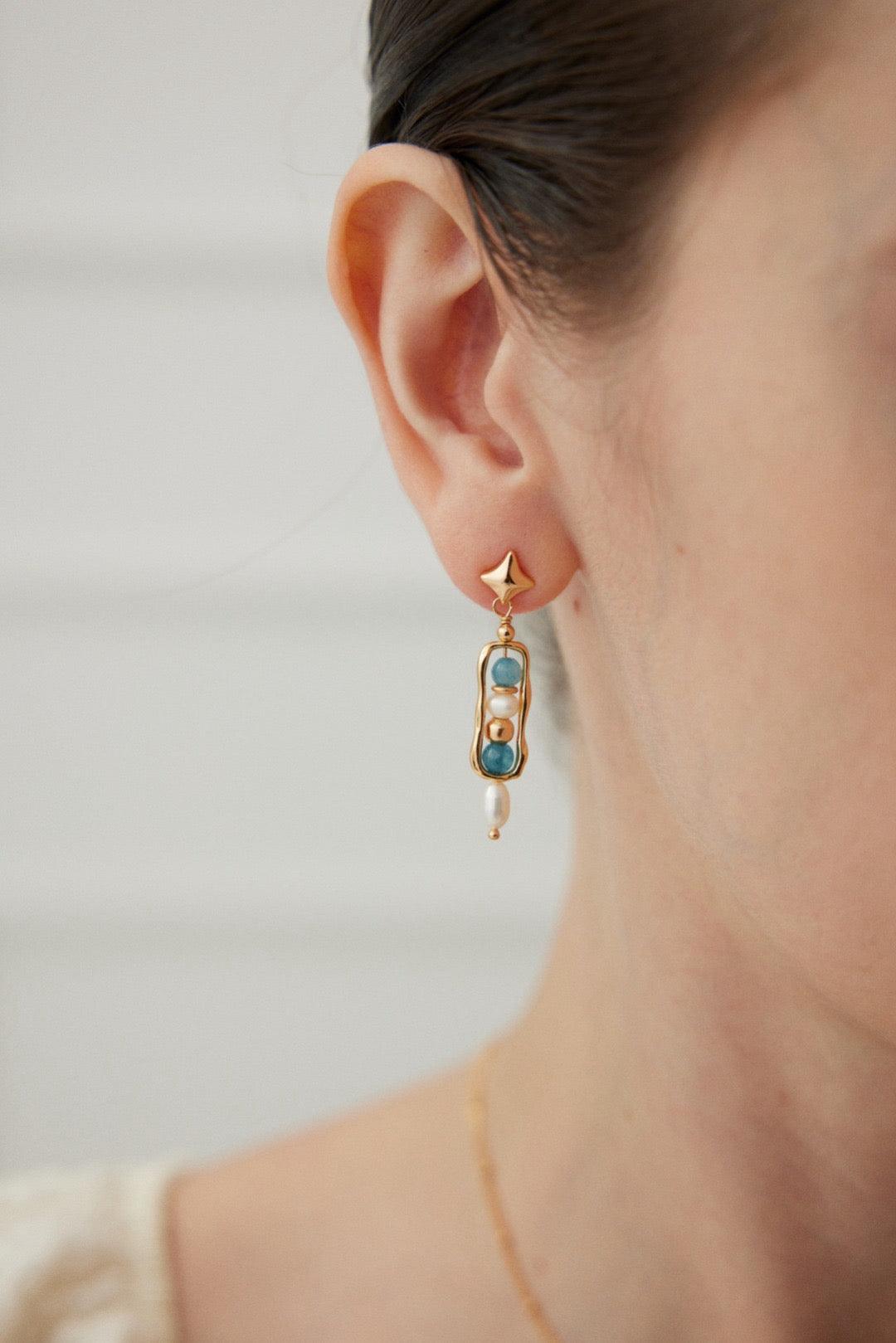 Our Amazonite Drop Earrings promotes balance, calmness, and emotional healing while attracting prosperity and good fortune. | Lia Atelier