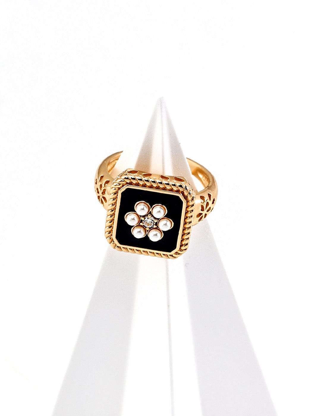 18k Gold Vermeil Glaze Zircon Floral Open Ring|Vintage Gold and Black Open Ring