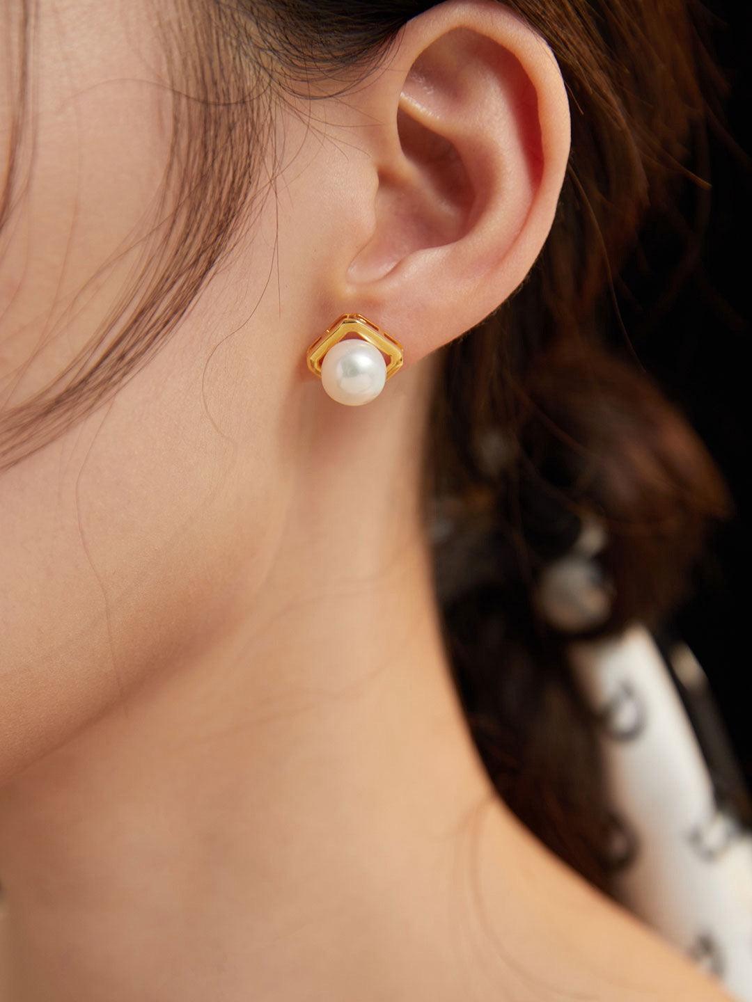 18k Gold Vermeil Geometric Pearl Earrings, Classic Design