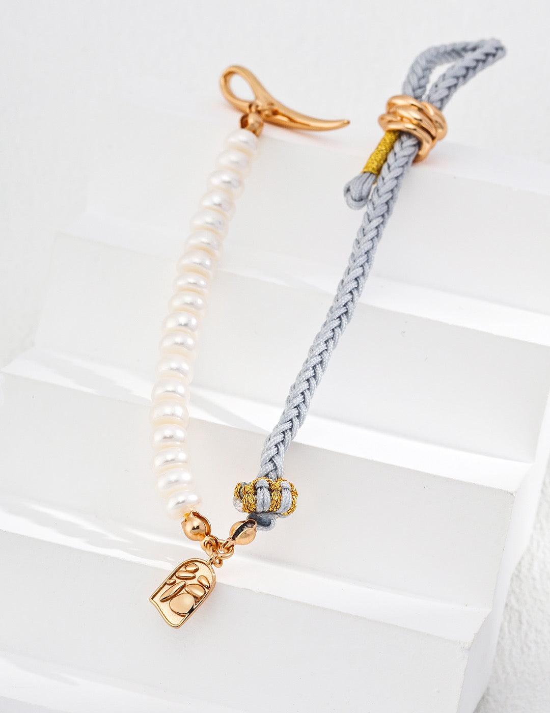 "Fu" symbolizes happiness, blessings, and good fortune, making it a meaningful accessory."Fu" symbolizes happiness, blessings, and good fortune, making it a meaningful accessory|Braided Pearl Silver Bracelet|Light Blue Braided