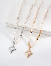 Three pearl necklaces with star-shaped pendants in silver, gold, and rose gold on a white background.