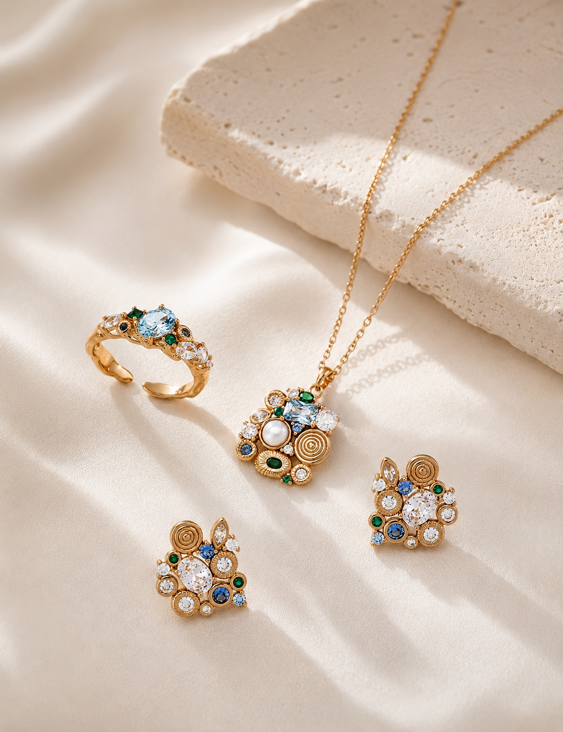 Marquise crystal jewelry set — ring, drop earrings and necklace in 18K gold vermeil with marquise-cut zircon stones, full display