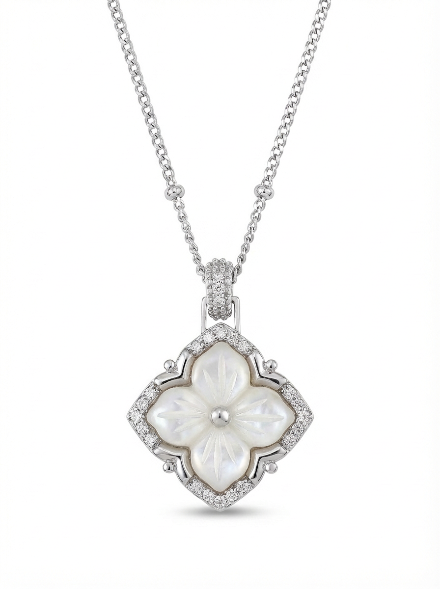 Mother of Pearl Clover Pendant Necklace Sterling Silver