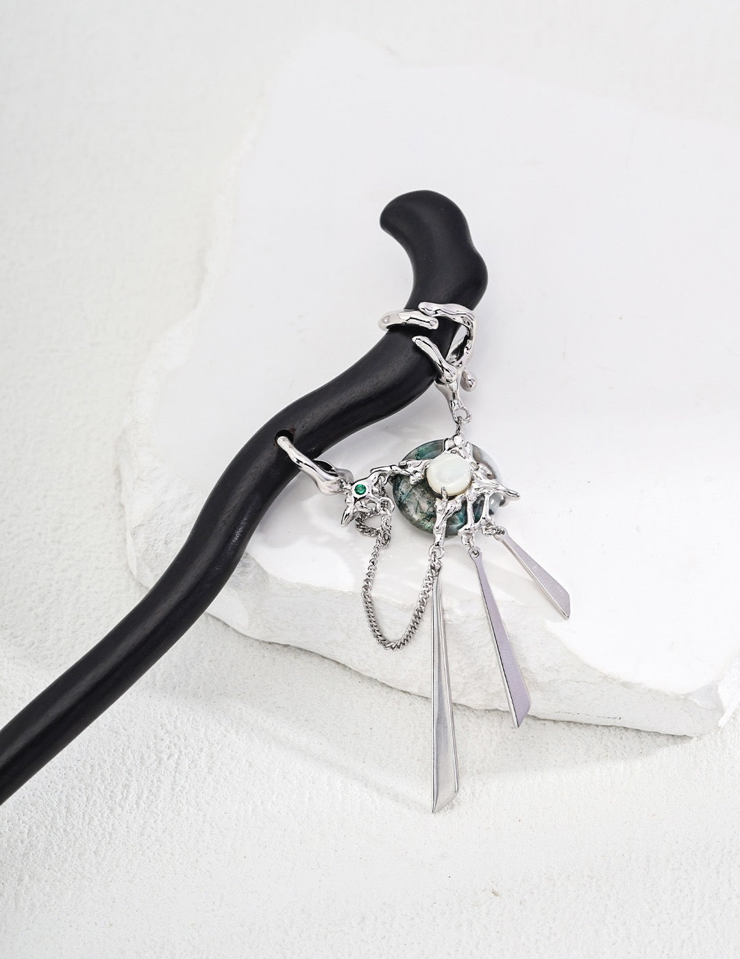 Neo-Chinese Pearl Hair Stick detail, moss agate, freshwater pearl and purple sandalwood | Lia Atelier