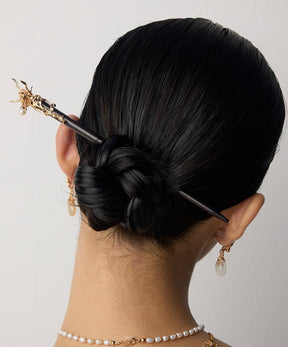 Neo-Chinese Pearl Hair Stick styled in updo, purple sandalwood and gold dragon hairpin | Lia Atelier