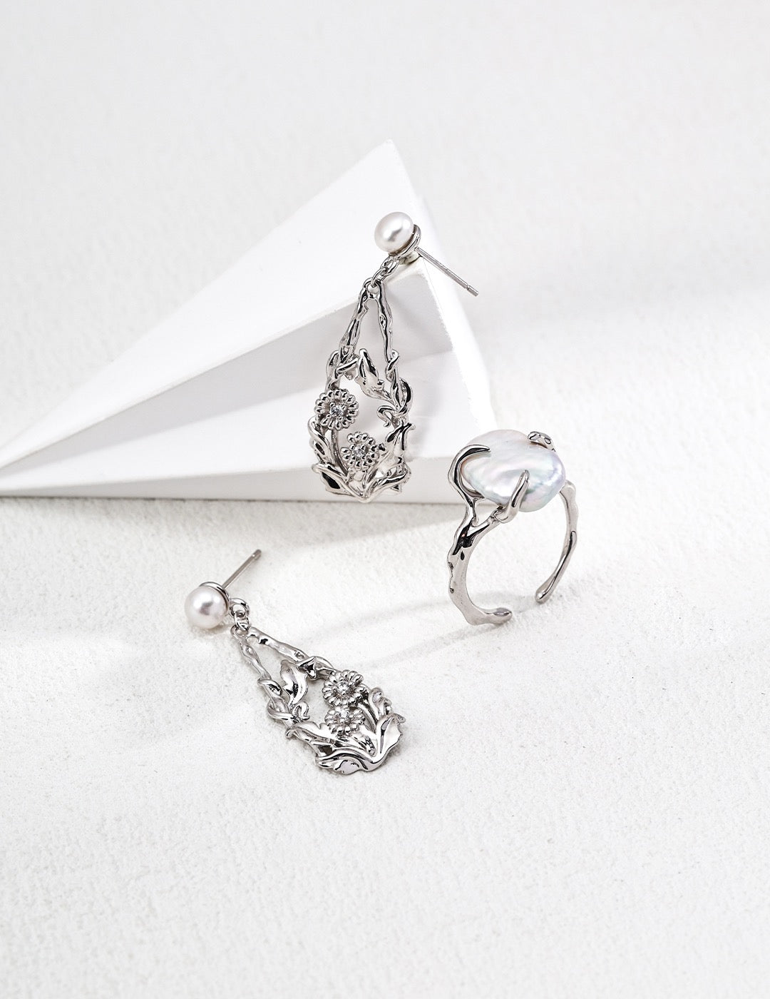 Sterling Silver pearl drop earrings and a sterling silver baroque pearl open ring for women 