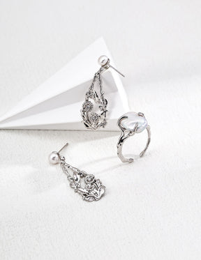 Sterling Silver pearl drop earrings and a sterling silver baroque pearl open ring for women 