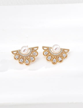 Pearl Ear Jacket Earrings with Crystal Fan In 18K Gold Vermeil 