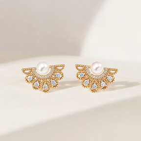 Front product view of pearl ear jacket earrings with crystal fan in 18K gold vermeil