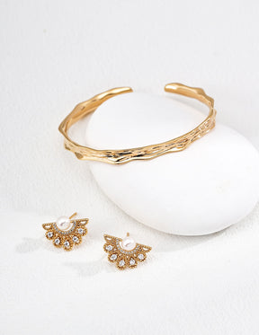 Pearl Ear Jacket Earrings with Crystal Fan In 18K Gold and Gold Bracelet 