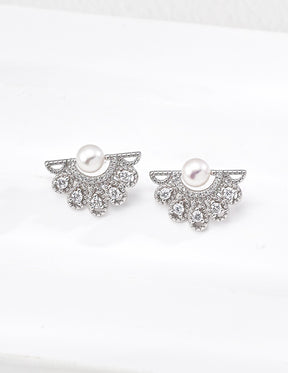 Pearl Ear Jacket Earrings with Crystal Fan In Sterling Silver