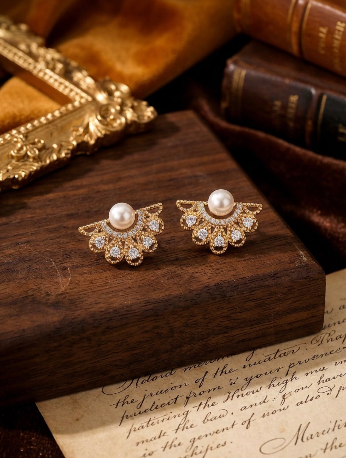 Pearl Ear Jacket Earrings with Crystal Fan in 18k gold vermeil on a jewelry box