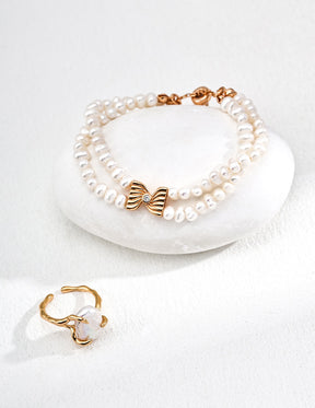 Ribbon Bow Double Pearl Bracelet In 18k Gold Vermeil for women 