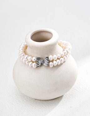 Double Pearl Strand bracelet with ribbon bow in sterling silver for women 