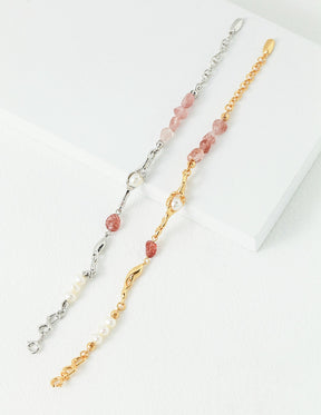 Two bracelets, one with 18K gold vermeil and the other in sterling silver, both featuring asymmetrical rows of pearls and raw strawberry quartz.