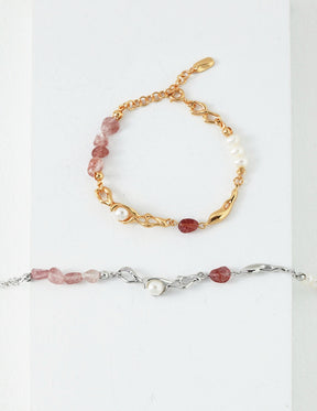 Two bracelets, one with 18K gold vermeil and the other in sterling silver, both featuring asymmetrical rows of pearls and raw strawberry quartz.