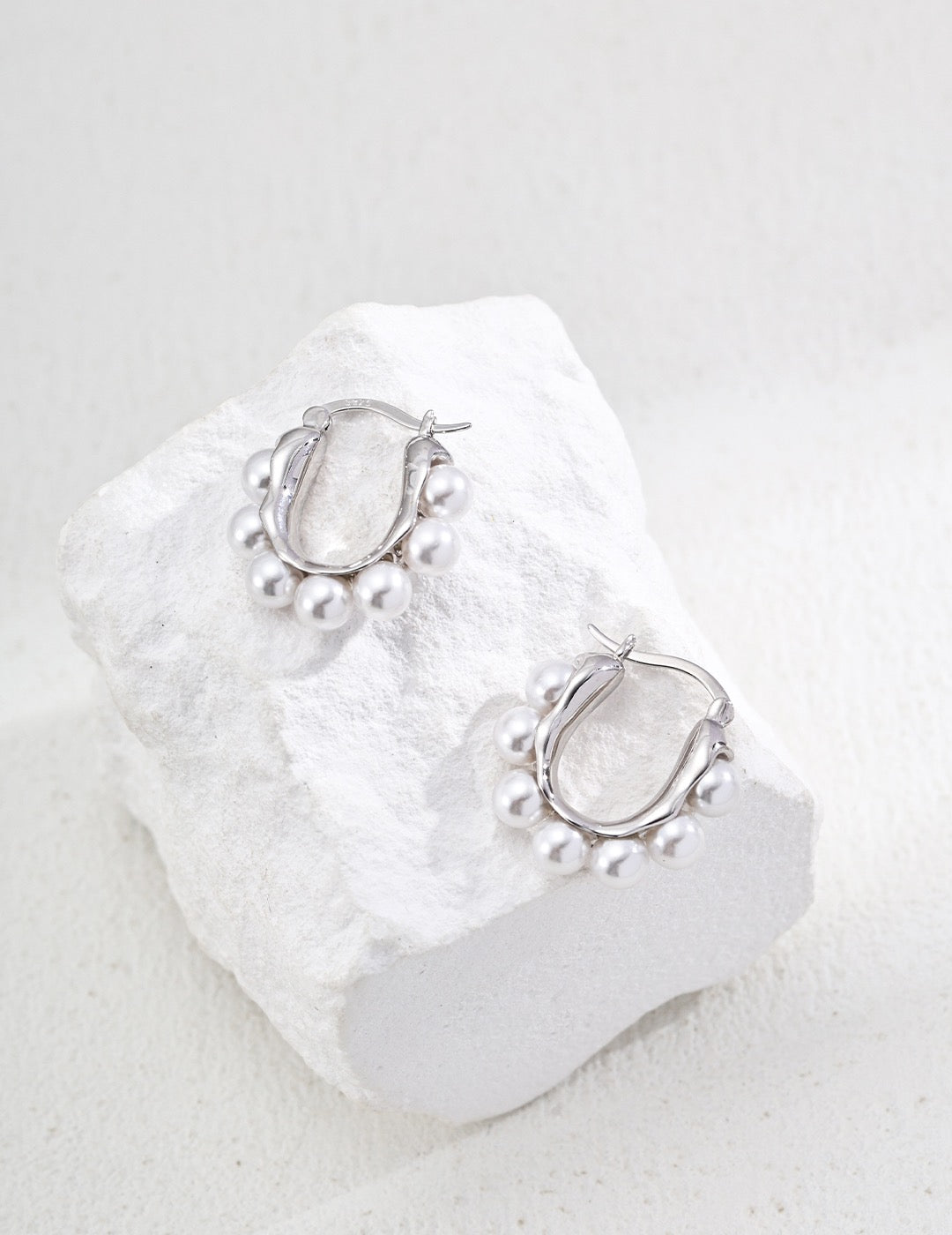 Sterling Silver pearl hoop earrings for women.