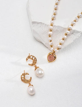 Strawberry Quartz Pearl Necklace and a pair of Moon shape pearl drop earrings displayed on the white background.