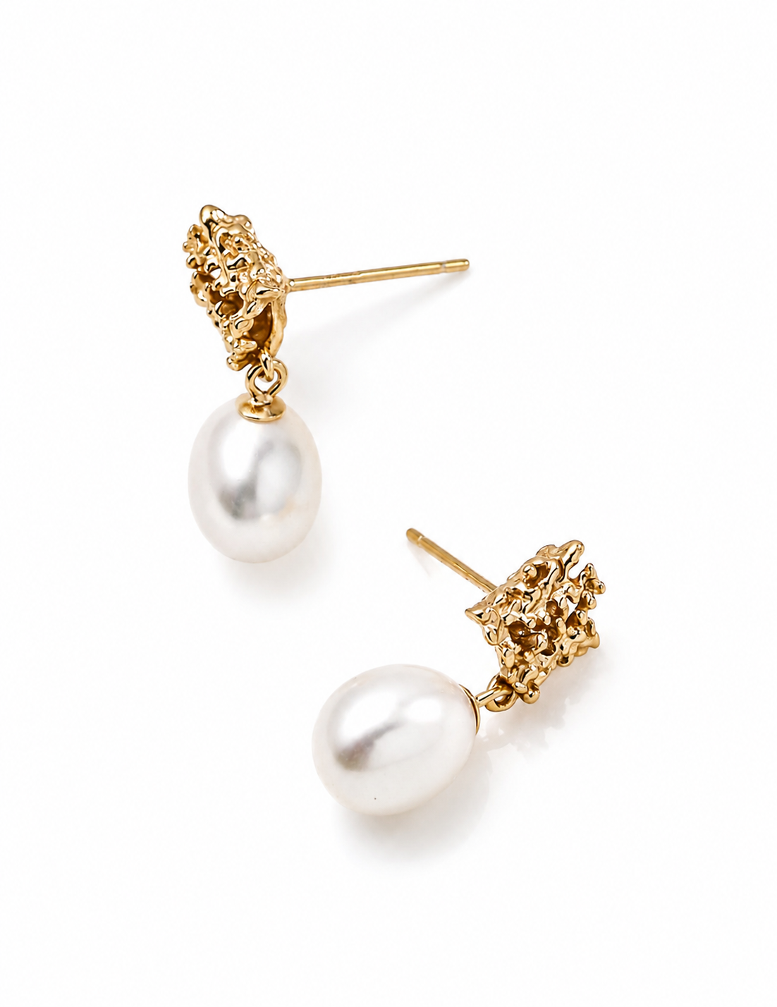 Close-up of Lia Atelier freshwater pearl drop earrings crafted in 18K gold vermeil, photographed on a clean white background.
