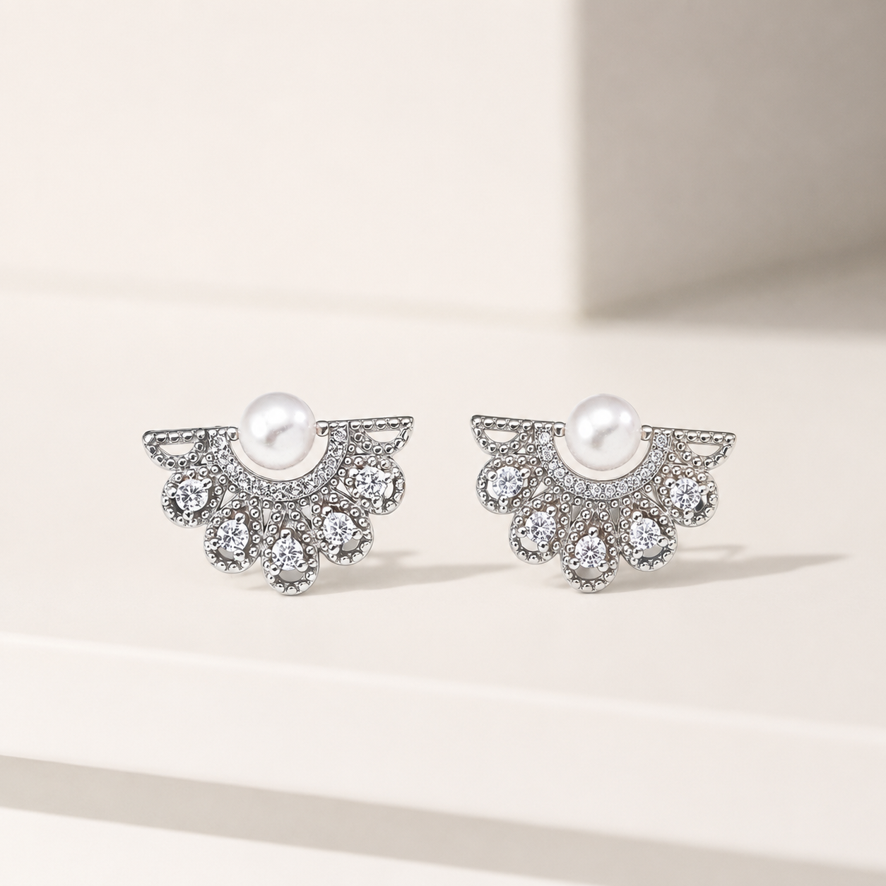Pearl Ear Jacket Earrings with Crystal Fan In Sterling Silver