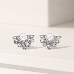 Pearl Ear Jacket Earrings with Crystal Fan In Sterling Silver