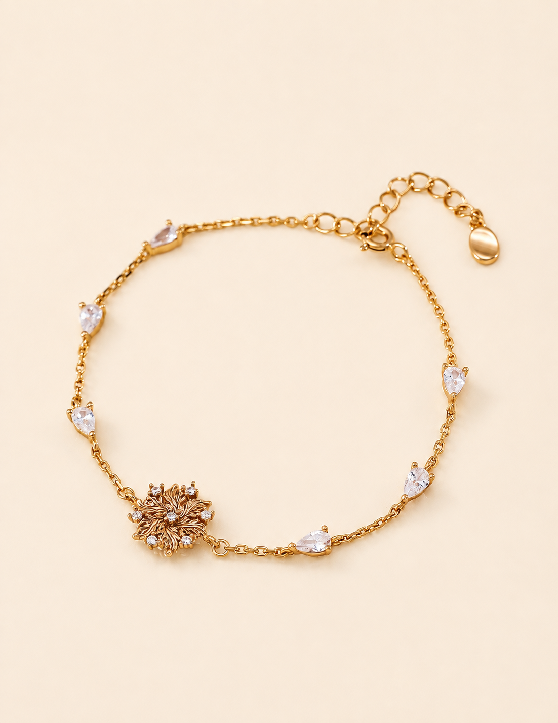 Elowen Radiant Bloom zircon bracelet with floral centerpiece and extender chain