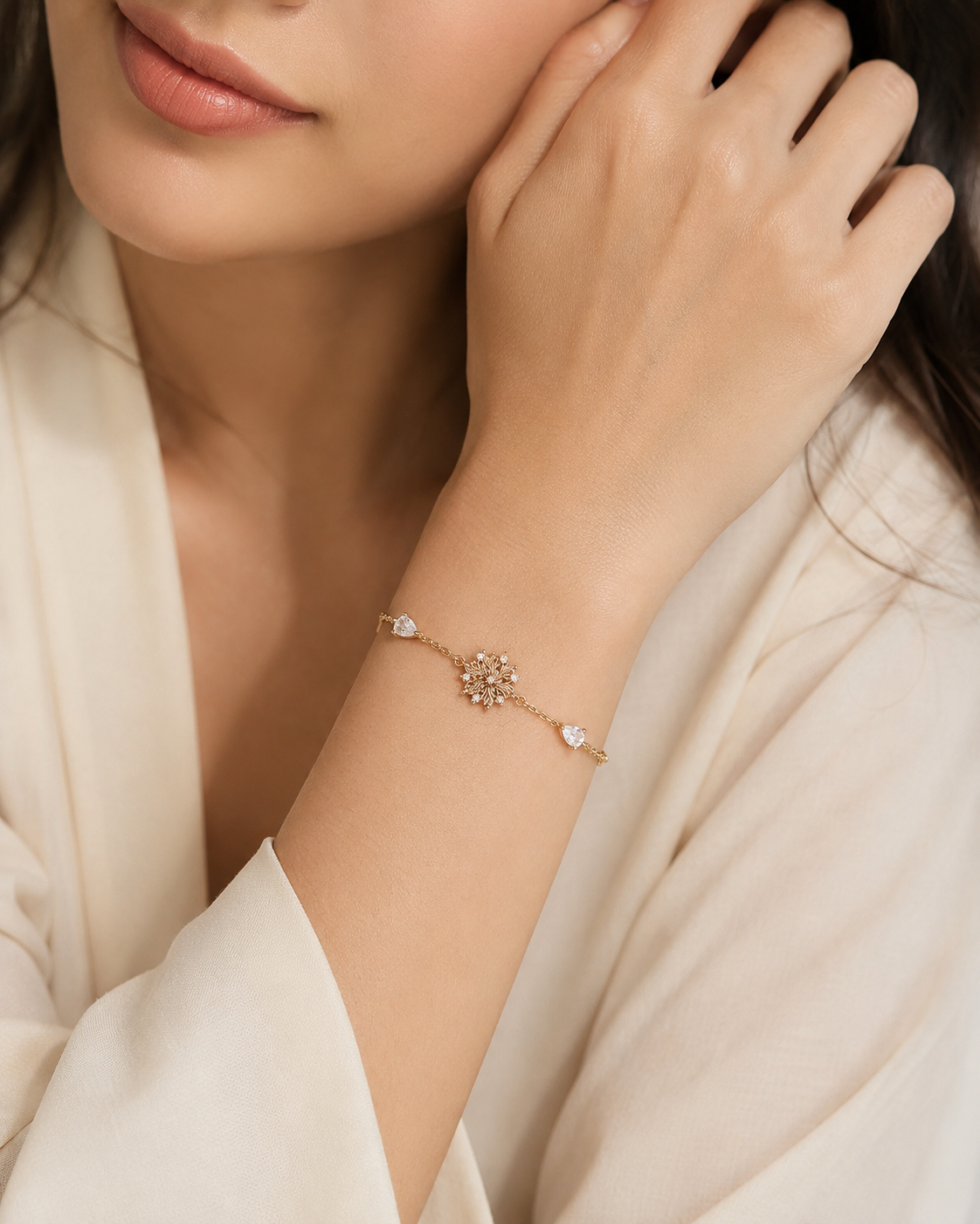 Woman wearing the Elowen Radiant Bloom zircon flower bracelet
