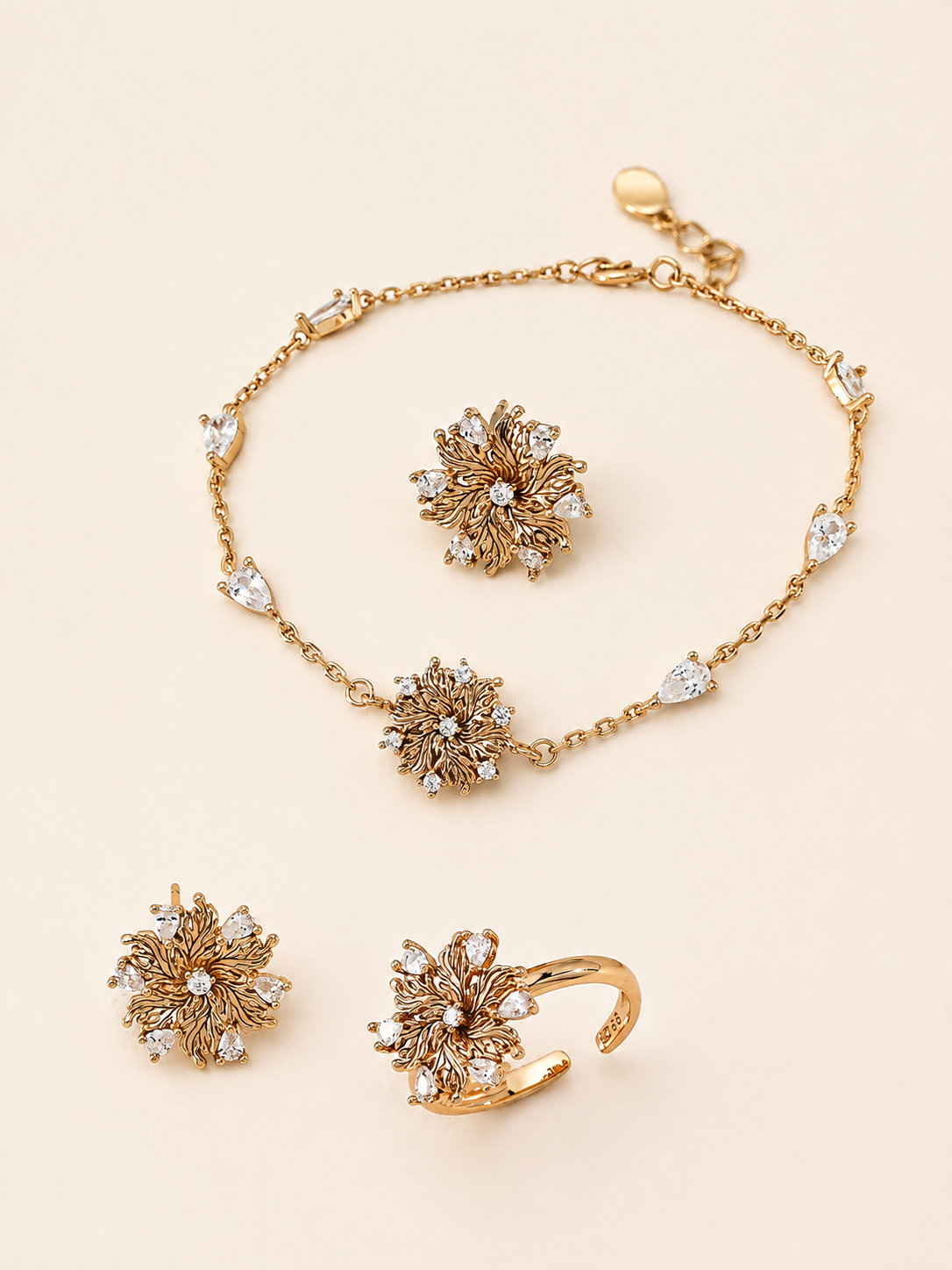 Elowen Radiant Bloom bracelet, stud earrings and adjustable open ring collection