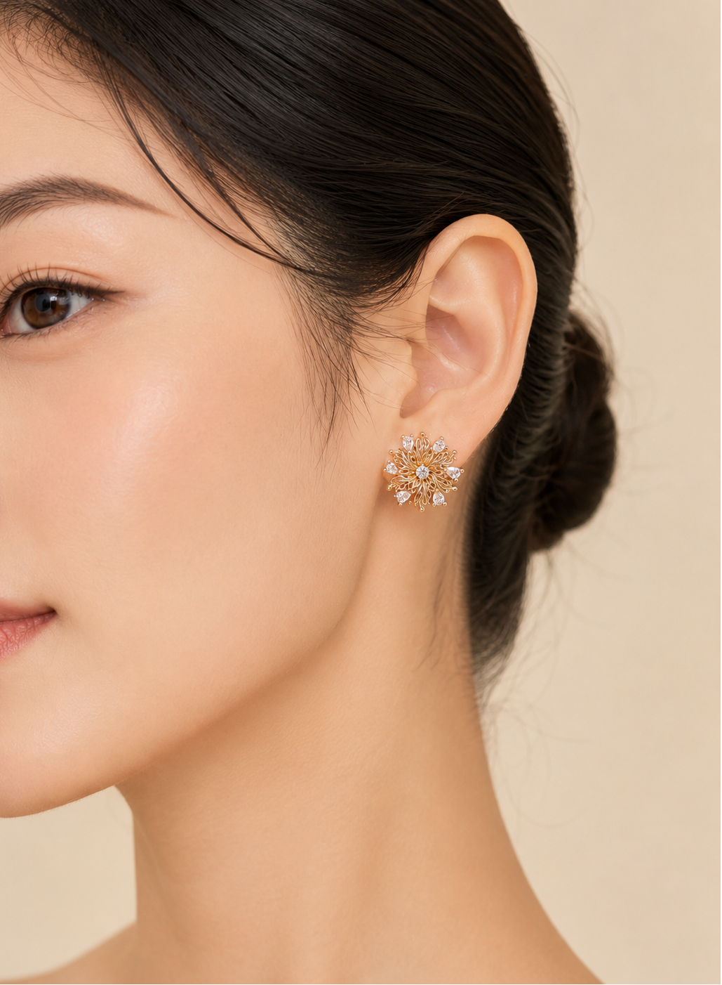 Woman wearing Elowen Radiant Bloom zircon flower stud earrings