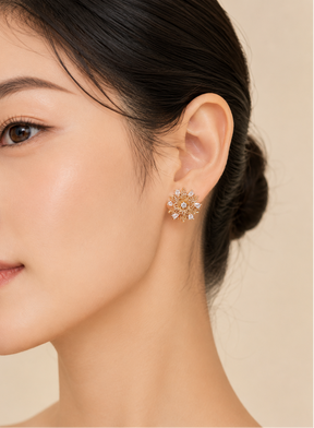Woman wearing Elowen Radiant Bloom zircon flower stud earrings