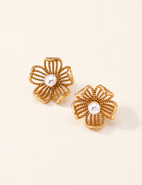 Liora filigree flower pearl stud earrings in 18K gold vermeil with 4 mm freshwater pearls
