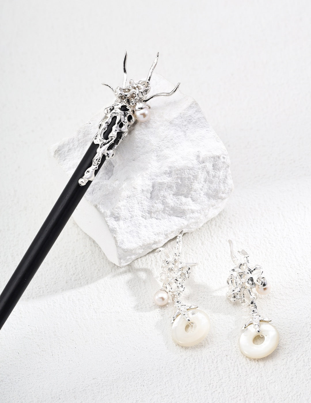 Neo-Chinese Pearl Hair Stick detail, 6mm freshwater pearl and molten dragon motif | Lia Atelier