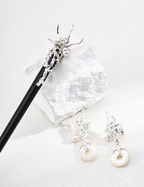 Neo-Chinese Pearl Hair Stick detail, 6mm freshwater pearl and molten dragon motif | Lia Atelier