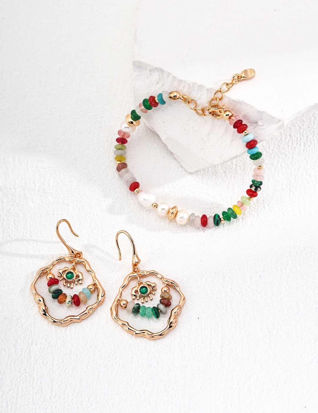 Eleanor Color Stone Drop Earrings and Pearl Color Stone Beaded Bracelet | Lia Atelier